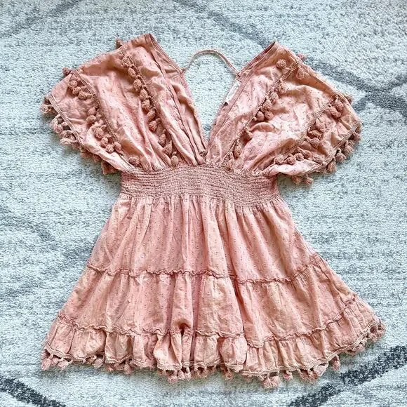 Z&L Europe Blush Pink Plunge Neck Tassel Mini Dress Cover Up Size L - Picture 5 of 12
